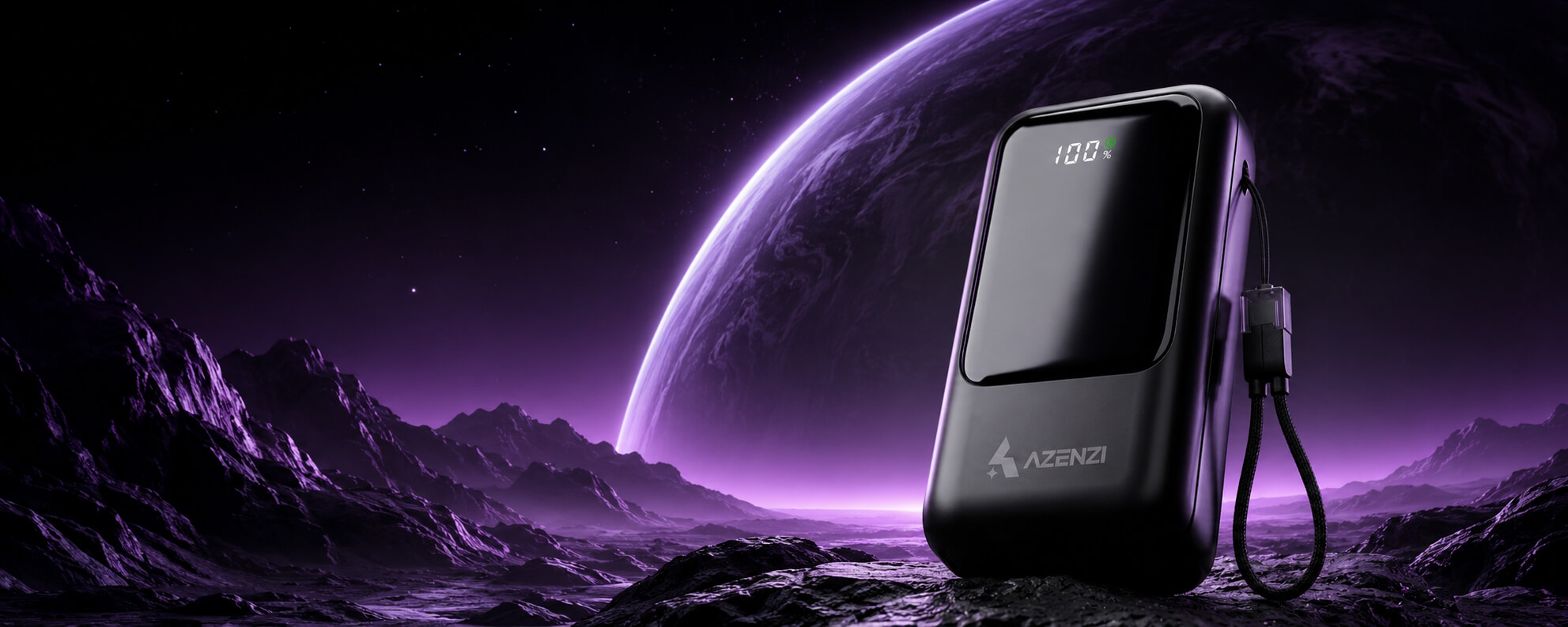 Azenzi PowerMax power bank against a purple planetary landscape