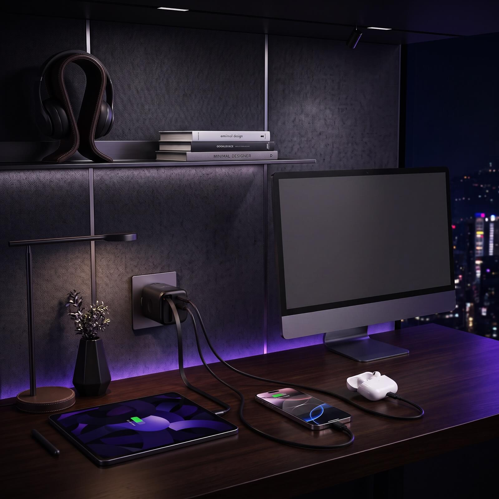 A clean workspace with Azenzi Plugd charging multiple devices