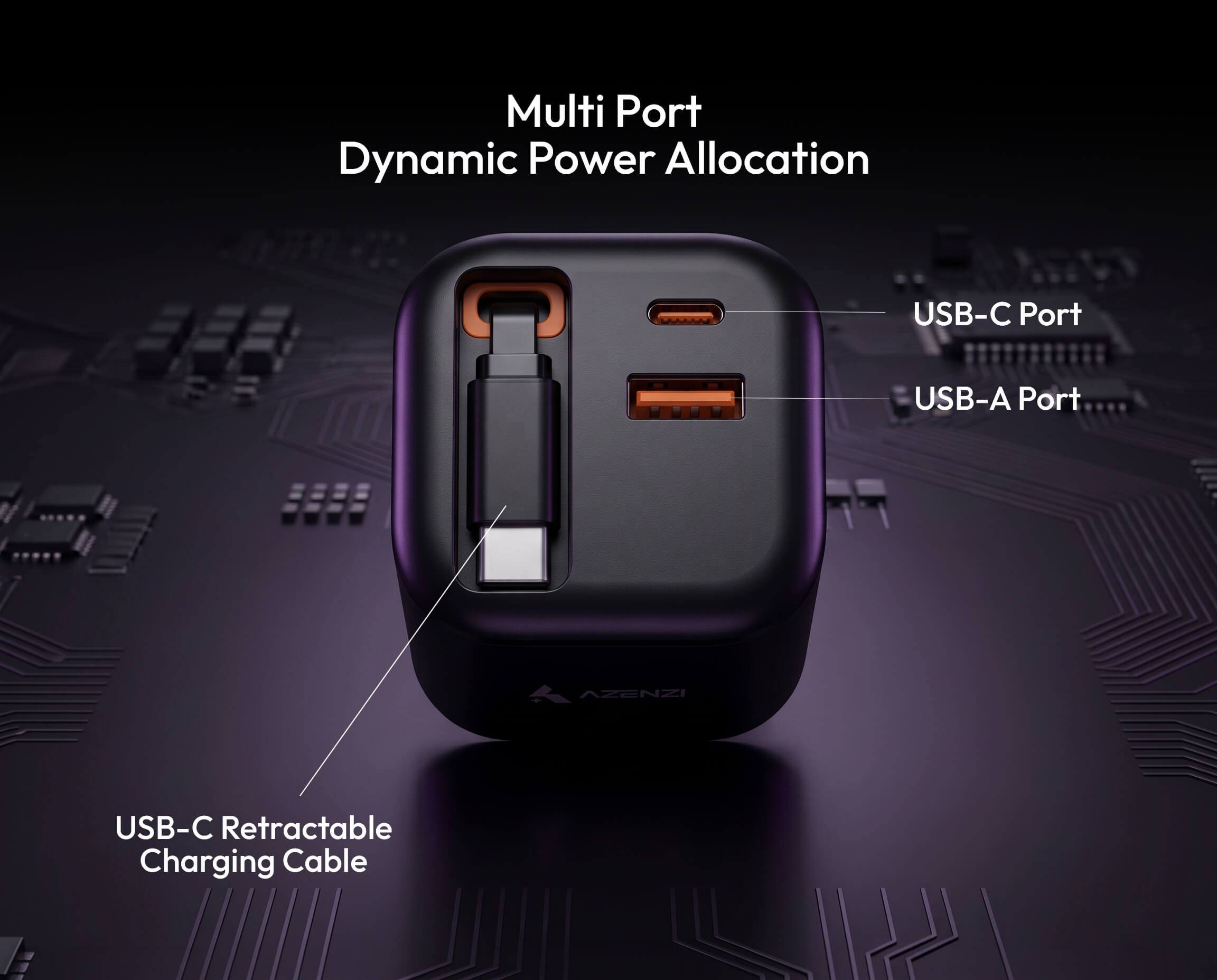 Azenzi Plugd built-in USB-C cable, USB-C port and USB-A port